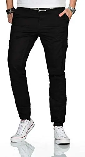 Produktbild: ALESSANDRO SALVARINI Herren Designer Cargo Stoff Hose Cargohose Regular Slim (AS-260-Schwarz-W38-L34)