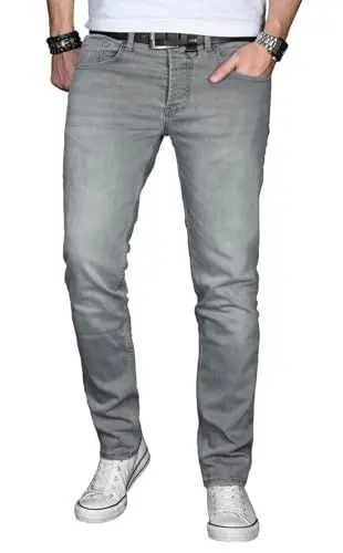 Produktbild: ALESSANDRO SALVARINI Herren Slim Fit Jeans Hose Denim Stretch-Jeans Jeanshose Washed (AS029 - Hellgrau - W33 L30)