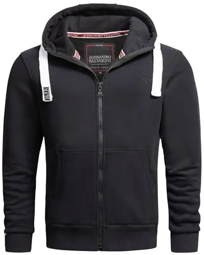 Produktbild: ALESSANDRO SALVARINI Herren Sweatjacke (S-3XL) mit Kapuze - Leicht, Atmungsaktiv, Kapuzenpullover mit Reißverschluss Männer - AS-314 Schwarz X-Large