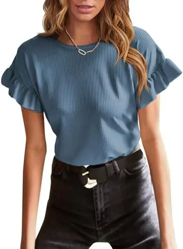 Produktbild: Aleumdr Bluse Damen Sommer Kurazrm Oberteile Damen Sexy Elegant Blusentops Blau Größe X-Groß X-Large