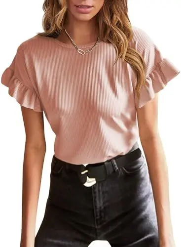 Produktbild: Aleumdr Bluse Damen Sommer Kurazrm Oberteile Damen Sexy Elegant Blusentops Rosa Größe X-Groß X-Large
