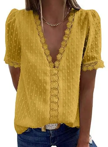 Produktbild: Aleumdr Damen V-Ausschnitt Spitze Bluse Elegant Kurzarm Hemd Mit Spitzen Tunika Tops Sommer Oberteile Chiffonbluse Sexy T-Shirt, Gelb S