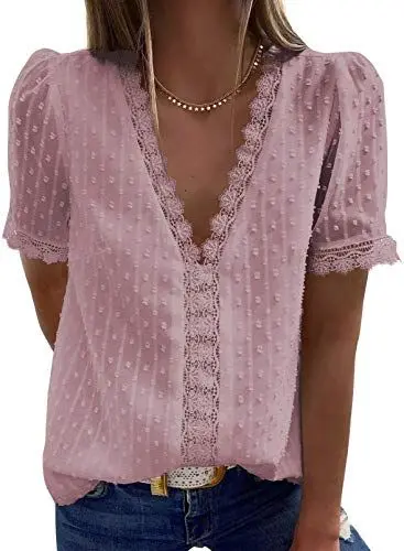Produktbild: Aleumdr Bluse Damen V-Ausschnitt Spitze Bluse Elegant Damen Kurzarm Blusen Hemd mit Spitzen Tunika Bluse Tops Sommer Oberteile Damen Hemd Bluse Chiffonbluse Sexy Spitze T-Shirt, Pink XL