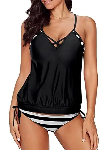 Produktbild: Aleumdr Damen Tankini Set Push up Damen Sportlich Tankini Badeanzug Bauchweg Damen Zweiteiler Bademode Set Sport Badeanzüge Damen Tankini Oberteil mit Badeshorts Schwimmanzug,Schwarz S