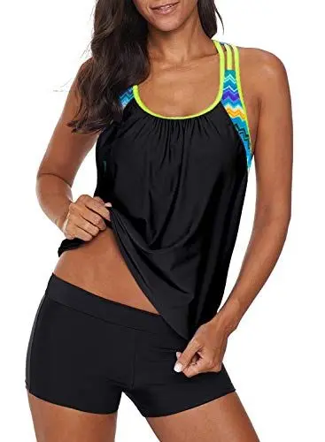 Produktbild: Aleumdr Damen Tankini Set Push up Damen Sport Tankini Badeanzug Bauchweg Damen Zweiteiler Bademode Set Sportlich Badeanzüge Damen Tankini Oberteil mit Badeshorts Schwimmanzug mit Cups,Schwarz XXL