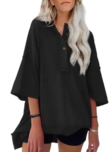 Produktbild: Aleumdr Oversize T Shirt Damen Einfarbig Sommer Oberteile Locker Leicht Oversized Tshirt Schwarz Größe Groß