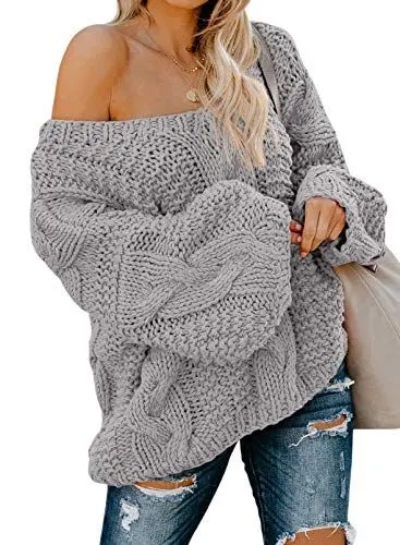 Produktbild: Aleumdr Pullover Damen Elegant Strickpullover Damen Grobstrick Pullover V-Ausschnitt Lose Winter Pulli Damen Schulterfrei Oberteile Causal Stricksweater Festliche Pullover Oversized warm Grau M