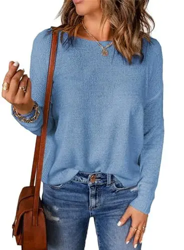 Produktbild: Aleumdr Pullover Damen Langarmshirts Basic Strickpullover Damen Langarm Oberteile Damen Sweatshirt Lässig Tunika Einfarbig Pulli，Blau M