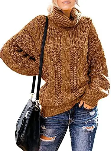 Produktbild: Aleumdr Rollkragenpullover Strickpullover Damen Winterpullover Oversize Rollkragen Pullover Grobstrick Strickpulli Gelb M