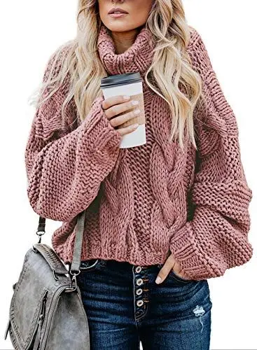 Produktbild: Aleumdr Strickpullover Damen Rollkragenpullover Elegant Pullover Damen Oversize Grobstrick Winterpullover Causal Strickpulli Sweater Pink L