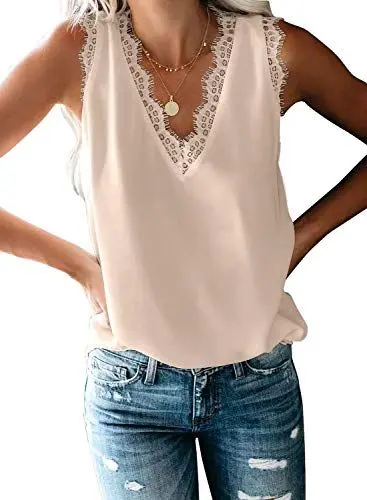 Produktbild: Aleumdr Damen Top Ärmellose Chiffon Sommer Blusentop Tank Top Spitzen V-Ausschnitt Weste Top Casual Shirt Tops Bluse Oberteile Aprikose XL