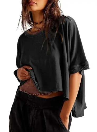 Produktbild: Aleumdr T-shirt Damen Oversize Kurzarm Top Damen Sommer Oberteile Locker Bluse Damen Sommer Schwarz Größe Groß Large