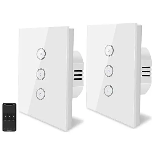 Produktbild: Alexa Smart Lichtschalter, UseeLink WLAN Gehärtetes Glas Touchscreen Schalter, 3 Gang 1 Way, Kompatibel mit Alexa/Google Home, Fernbedienung, Timer, Neutralleiter erforderlich (2 Pack) N