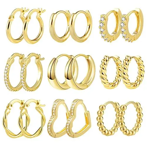 Produktbild: ALEXCRAFT Gold Ohrringe Set, 9 Paar 14k Echt Vergoldete Creolen Kleine für Damen, Multipack Creolen mit AAA+ Zirkonia Twist Herz Hypoallergen Piercing Knorpel für Mehrere Ohrlöcher