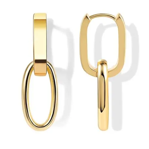 Produktbild: ALEXCRAFT Ohrringe Gold Hängend Doppel Creolen Eckige Quadrat Rechteckige Oval Ohrringe mit Anhänger Silber 925 Ohrringe Hängend Kleine Creolen Lange Ohrhänger Gold Tropfenohrringe Boho Damen