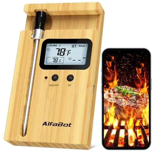 Produktbild: AlfaBot K2 Fleischthermometer Smart Kabellos 160m Bluetooth Grillthermometer, Meat Thermometer Bratenthermometer für Backofen Grill Smoker Rotisserie Airfryer, App Control