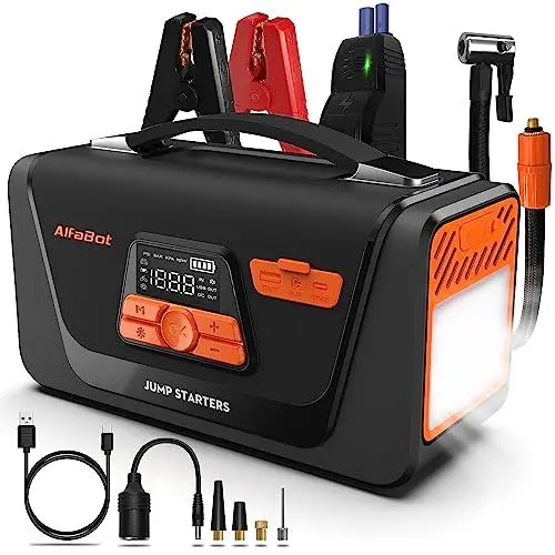 Produktbild: AlfaBot Q4 Starthilfe Powerbank, 4000A Spitzenstrom Booster Auto Starthilfe für 12V Diesel und Benzinmotoren, Jumpstarter mit Luftkompressor, LED-Licht, Starthilfekabel