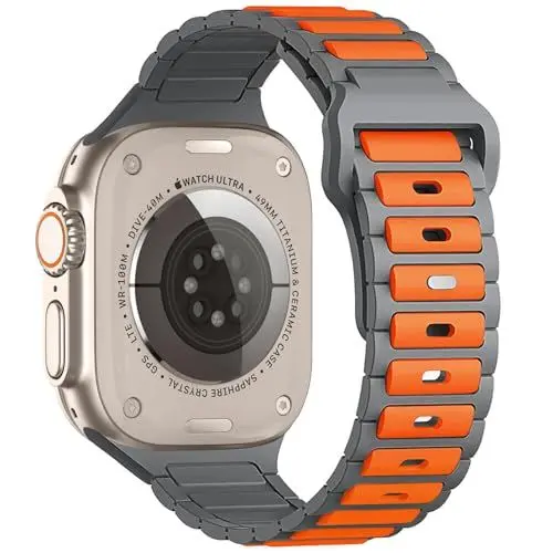 Produktbild: ALFARAY Sport Armband Kompatibel mit Apple Watch Ultra 2 1 Armband 49mm 46mm 45mm 44mm 42mm, Weiches Silikon Alpine Ocean Ersatzbänder für iWatch Series 10 9 8 7 SE 6 5 4 3 2 1, Grau/Orange