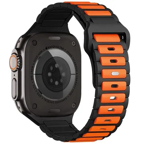 Produktbild: ALFARAY Silikon Armband Kompatibel mit Apple Watch Ultra 2 1 Armband 49mm 46mm 45mm 44mm 42mm für Herren Damen - Alpine Ocean Sportarmband für iWatch Series 10 9 8 7 SE 6 5 4 3 2 1 - Schwarz/Orange