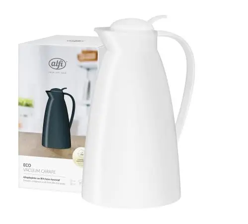 Produktbild: alfi ECO 1,0l, coconut white, Isolierkanne mit hygienischem Hartglaseinsatz aus Kunststoff, Drehverschluss mit bequemer Drucktaste, Ausgießen mit einer Hand, ideal als Kaffeekanne, Teekanne, BPA-frei