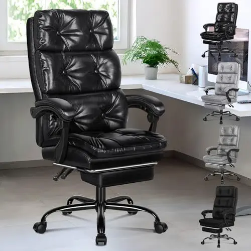 Produktbild: ALFORDSON Bürostuhl, Ergonomischer Computer-Schreibtischstuhl mit Fußstütze, Dreipolsterige Form eines Netzstuhls mit Hoher Rückenlehne, 150° Neigbarer Liege, PU-Leder, Glänzendes Schwarz