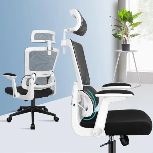 Produktbild: ALFORDSON Bürostuhl, Ergonomischer Stuhl mit Flexibler Lordosenstütze, Computerdrehstuhl mit Kopfstütze, Hochklappbare Armlehnen, Weiß