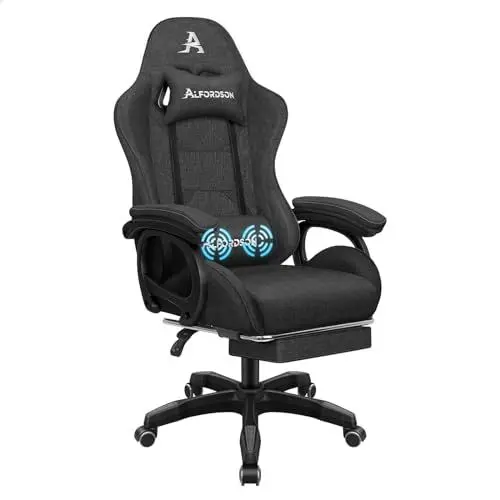 Produktbild: ALFORDSON Bürostuhl, Schreibtischstuhl mit Massage-Lendenkissen, ergonomischer Computerstuhl mit neigbarer Rückenlehne, Drehstuhl mit Fußstütze, Stoff, Grau