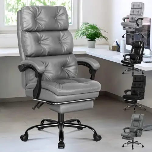 Produktbild: ALFORDSON Bürostuhl mit Doppellagigem Kissen, Computer-Schreibtischstuhl mit Fußstützen-Armlehnen, Hoher Rückenlehne, 150°-Liege, Neigbar, 360° Drehbar, PU-Leder, Grau