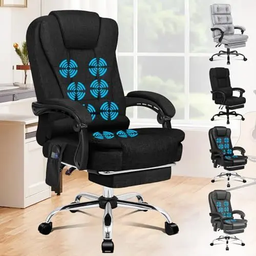 Produktbild: ALFORDSON Bürostuhl mit Massagefunktion, ergonomisches Design mit großer Sitzpolsterung, Lendenwirbelstütze, Rollen, für reibungslose Mobilität im Büro, Schwarz, Leinen Fabric