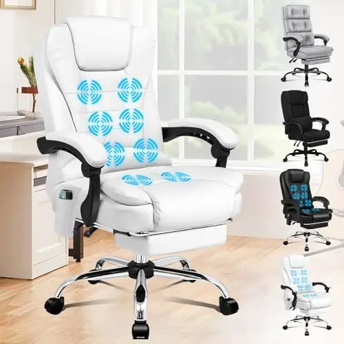 Produktbild: ALFORDSON Bürostuhl mit Massagefunktion, ergonomisches Design mit großer Sitzpolsterung, Lendenwirbelstütze, Rollen, für reibungslose Mobilität im Büro, Weiß