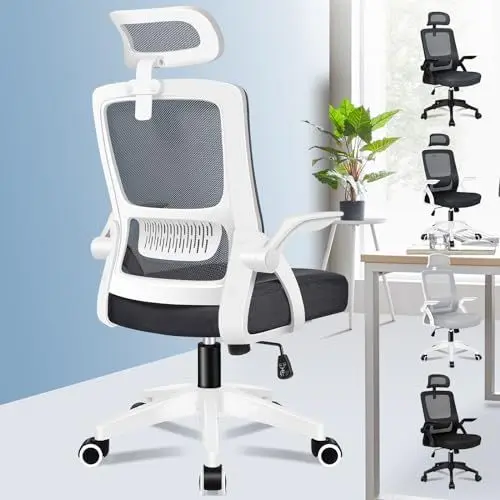 Produktbild: ALFORDSON Ergonomischer Büro-Schreibtischstuhl, Computerstuhl mit dynamischer Lordosenstütze, neigbarer Drehstuhl mit hochklappbarer Armlehne, Weiß