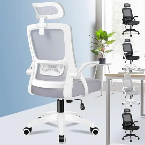 Produktbild: ALFORDSON Ergonomischer Büro-Schreibtischstuhl, Computerstuhl mit dynamischer Lordosenstütze, neigbarer Drehstuhl mit hochklappbarer Armlehne, Weiß und Grau