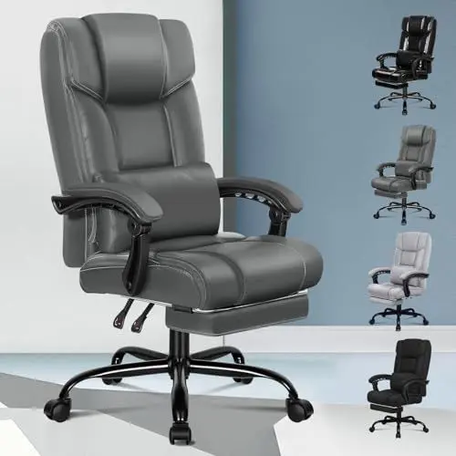 Produktbild: ALFORDSON Ergonomischer Bürostuhl, Computer-Schreibtischstuhl mit Fußstütze, Netzstuhl mit hoher Rückenlehne, Drehstuhl mit 150°-Neigung, PU-Leder, Grau