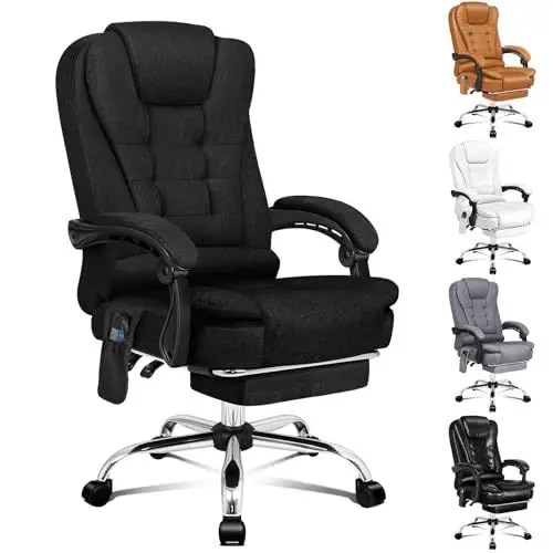 Produktbild: ALFORDSON Ergonomischer Bürostuhl, Schreibtischstuhl mit Wärmemassagefunktion, Leinenstoff Computerstuhl mit gepolsterten Armlehnen und weicher Kopfstütze, Drehstuhl mit Rollen, Dunkelschwarz, Leinen