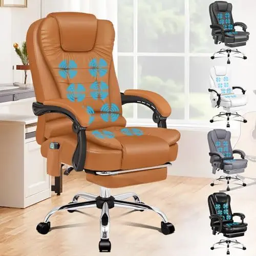 Produktbild: ALFORDSON Ergonomischer Bürostuhl, Schreibtischstuhl mit Wärmemassagefunktion, PU-Leder-Computerstuhl mit gepolsterten Armlehnen und weicher Kopfstütze, Drehstuhl mit Rollen, Braun