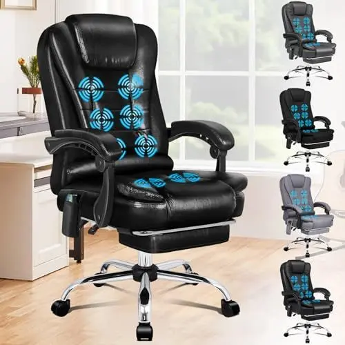 Produktbild: ALFORDSON Ergonomischer Bürostuhl, Schreibtischstuhl mit Wärmemassagefunktion, PU-Leder-Computerstuhl mit gepolsterten Armlehnen und weicher Kopfstütze, Drehstuhl mit Rollen, Schwarz, Kunstleder
