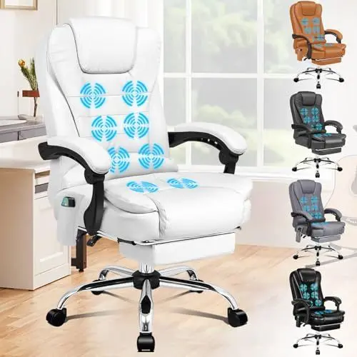 Produktbild: ALFORDSON Ergonomischer Bürostuhl, Schreibtischstuhl mit Wärmemassagefunktion, PU-Leder-Computerstuhl mit gepolsterten Armlehnen und weicher Kopfstütze, Drehstuhl mit Rollen, Weiß, Kunstleder
