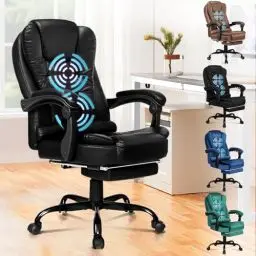 Produktbild: ALFORDSON Ergonomischer Bürostuhl mit Massagefunktion, Fußstütze und 150°-Neigung, Samt-Chefsessel mit SGS-Gasdruckfeder, drehbarer Gaming-Stuhl für Computer-, Leder, Schwarz