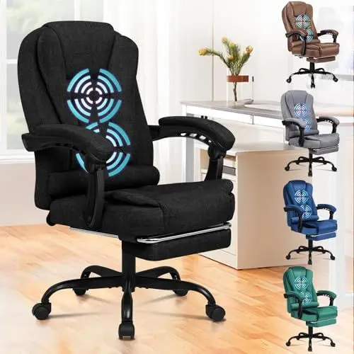 Produktbild: ALFORDSON Ergonomischer Bürostuhl mit Massagefunktion, Fußstütze und 150°-Neigung, Samt-Chefsessel mit SGS-Gasdruckfeder, drehbarer Gaming-Stuhl für Computer-, Leinen, Schwarz