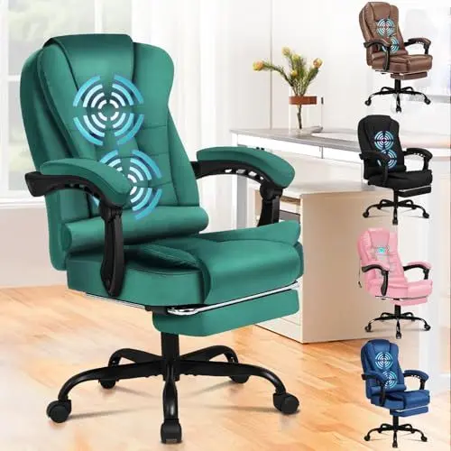 Produktbild: ALFORDSON Ergonomischer Bürostuhl mit Massagefunktion, Fußstütze und 150°-Neigung, Samt-Chefsessel mit SGS-Gasdruckfeder, drehbarer Gaming-Stuhl für Computer-, Wildleder, Grün