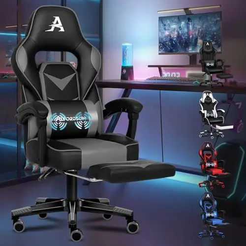 Produktbild: ALFORDSON Gaming-Bürostuhl, mit ergonomischer Unterstützung, luxuriösem Komfort, mit Fußstütze, Armlehne aus PU-Leder, Kopfstütze, Heimstuhl, Grau
