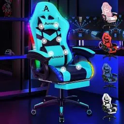 Produktbild: ALFORDSON Gaming-Stuhl, Bürostuhl, Drehstuhl, großer Stuhl, 8-Punkt-Massage, 12-Farben-RGB-LED-Licht, ergonomisch, mit Fußstütze, Kopfstütze und Lendenkissen, Cyan und Schwarz
