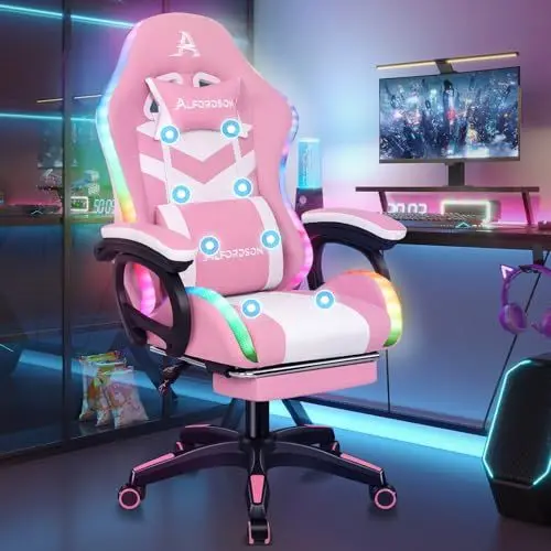 Produktbild: ALFORDSON Gaming-Stuhl, Bürostuhl, Drehstuhl, großer Stuhl, 8-Punkt-Massage, 12-Farben-RGB-LED-Licht, ergonomisch, mit Fußstütze, Kopfstütze und Lendenkissen, Rosa und Weiss