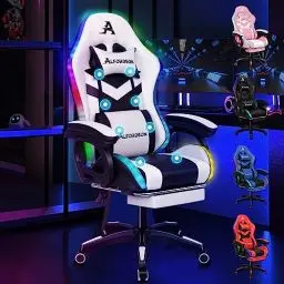 Produktbild: ALFORDSON Gaming-Stuhl, Bürostuhl, Drehstuhl, großer Stuhl, 8-Punkt-Massage, 12-Farben-RGB-LED-Licht, ergonomisch, mit Fußstütze, Kopfstütze und Lendenkissen, Weiß und Schwarz