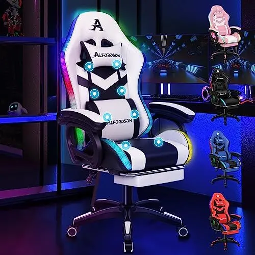 Produktbild: ALFORDSON Gaming-Stuhl, Bürostuhl, Drehstuhl, großer Stuhl, 8-Punkt-Massage, 12-Farben-RGB-LED-Licht, ergonomisch, mit Fußstütze, Kopfstütze und Lendenkissen, Weiß und Schwarz