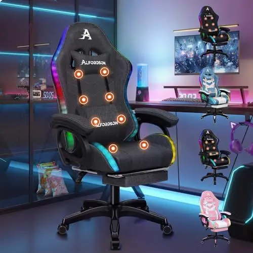 Produktbild: ALFORDSON Gaming-Stuhl, LED-Racing-Gamer-Stuhl mit 12-Farbiger RGB-Beleuchtung, Massage-Gaming-Stuhl mit Lordosenstütze, Fußstütze, Stoff, Grau