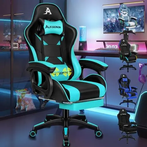 Produktbild: ALFORDSON Gaming-Stuhl, Racing-Gamer-Stuhl mit 2-Punkt-Massage zum Spielen, ergonomischer Computerstuhl mit Lendenkissen, höhenverstellbar, PU-Leder, Cyan