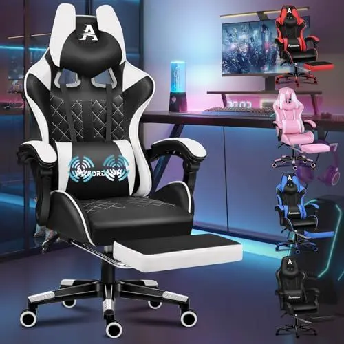 Produktbild: ALFORDSON Gaming-Stuhl mit Fußstütze und Lendenwirbelkissen, ergonomischer Computer-Bürostuhl mit 150° Neigung, Videospiel-Schreibtischstuhl mit hoher Rückenlehne, 180 kg Tragkraft, Cremeweiß