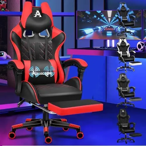 Produktbild: ALFORDSON Gaming-Stuhl mit Fußstütze und Lendenwirbelkissen, ergonomischer Computer-Bürostuhl mit 150° Neigung, Videospiel-Schreibtischstuhl mit hoher Rückenlehne, 180 kg Tragkraft, Rot