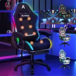 Produktbild: ALFORDSON Gaming-Stuhl mit LED, Gaming Sessel mit 8-Punkt-Massage, Ergonomischer Gamer Stuhl mit RGB Beleuchtung, Drehstuhl mit Lordosenstütze und Kopfstütze, Stoffmaterial, Schwarz